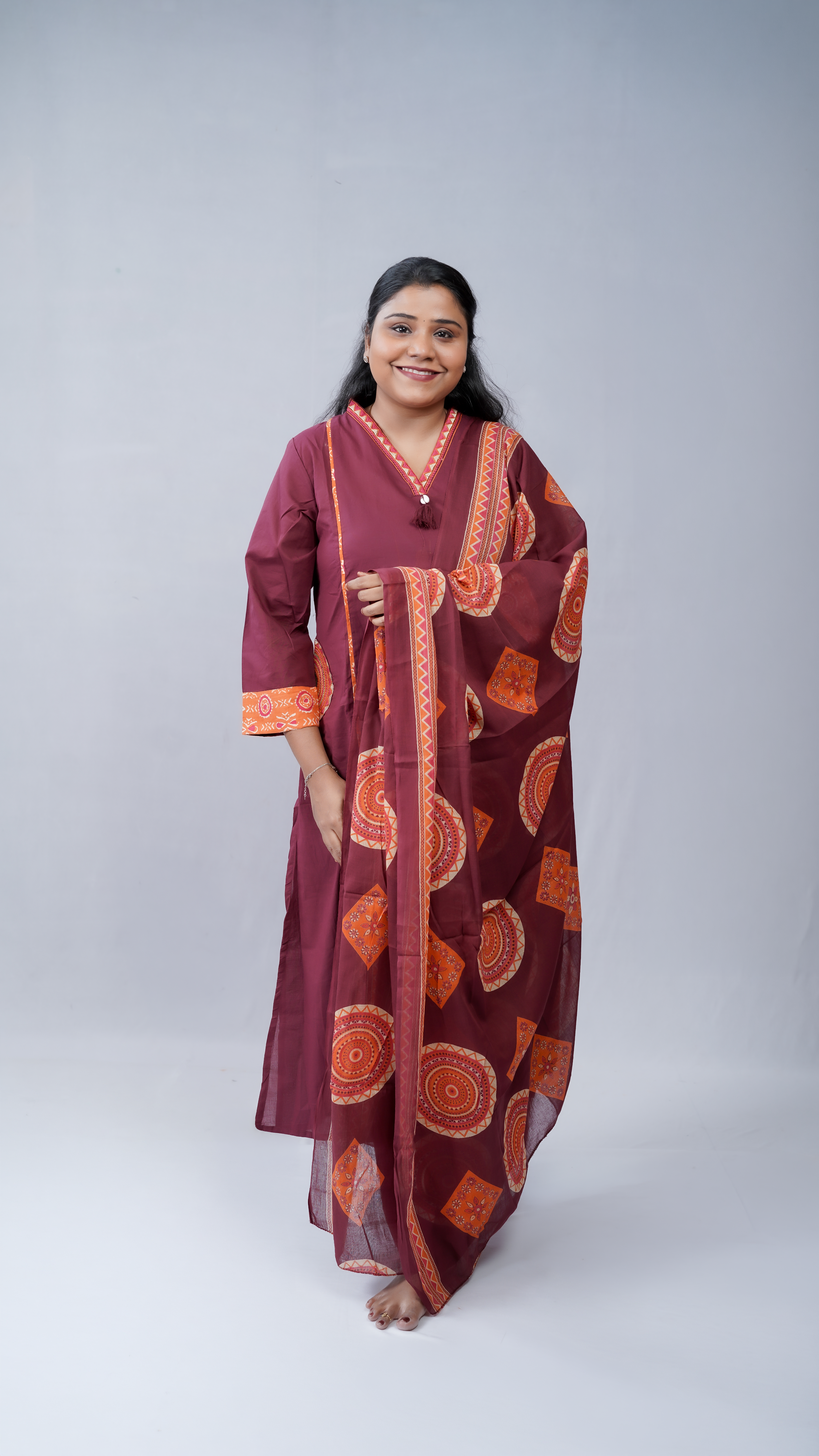 Elegance in Maroon: 3-Piece Printed Cotton Kurta Set with Dupatta