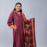 Elegance in Maroon: 3-Piece Printed Cotton Kurta Set with Dupatta