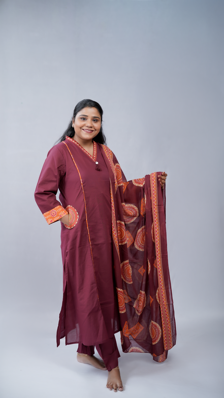 Elegance in Maroon: 3-Piece Printed Cotton Kurta Set with Dupatta