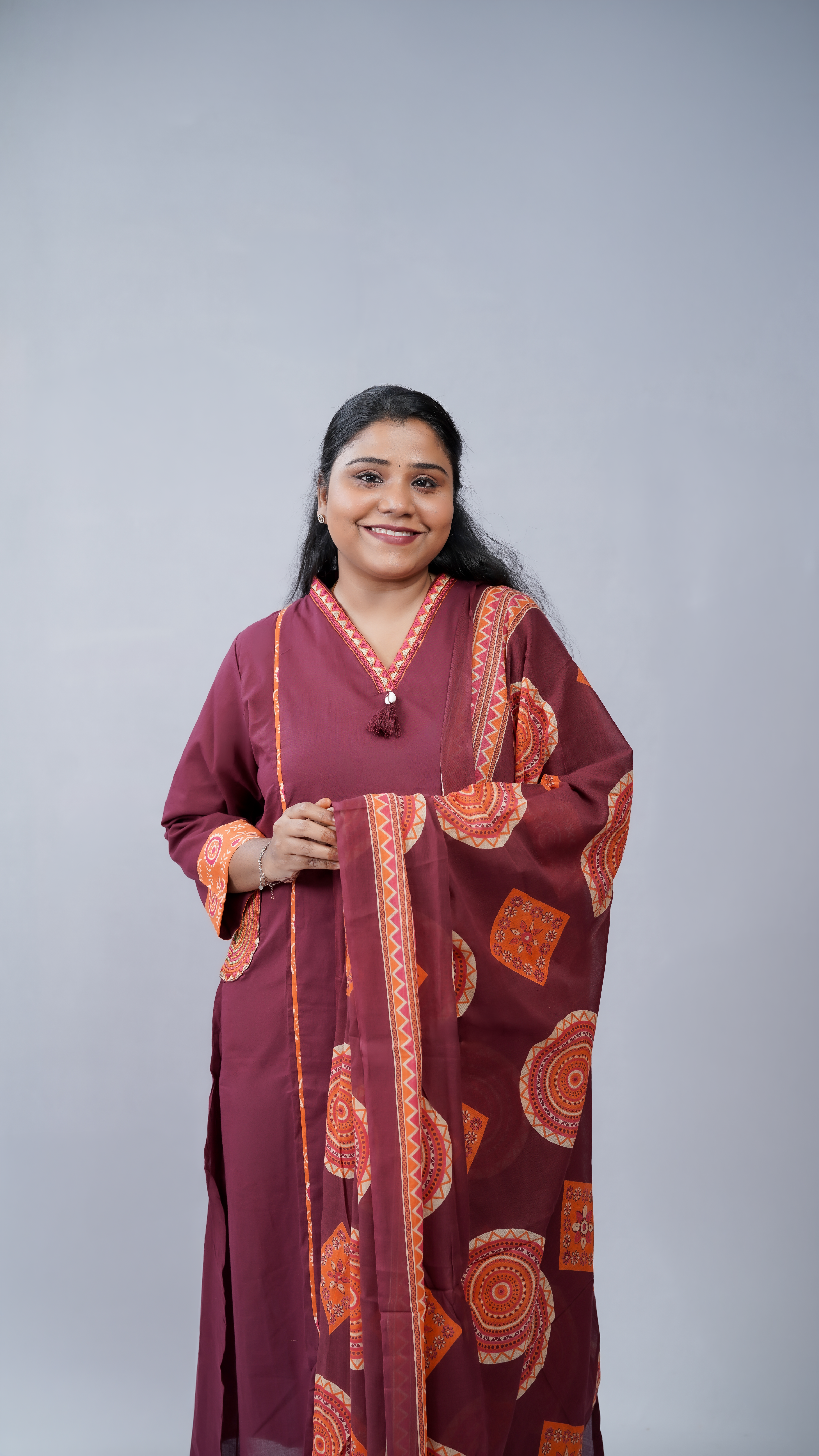 Elegance in Maroon: 3-Piece Printed Cotton Kurta Set with Dupatta