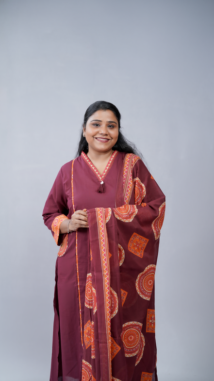 Elegance in Maroon: 3-Piece Printed Cotton Kurta Set with Dupatta