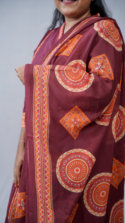 Elegance in Maroon: 3-Piece Printed Cotton Kurta Set with Dupatta