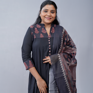 Midnight Grace: 3-Piece Ajrakh-Inspired Embroidered Kurta Set with Dupatta