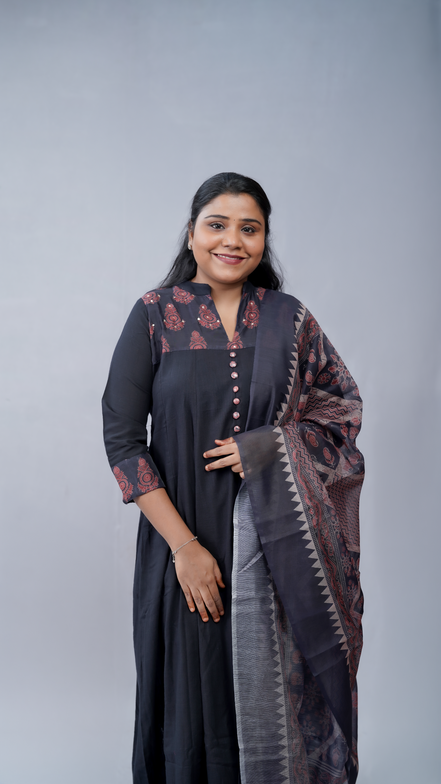 Midnight Grace: 3-Piece Ajrakh-Inspired Embroidered Kurta Set with Dupatta