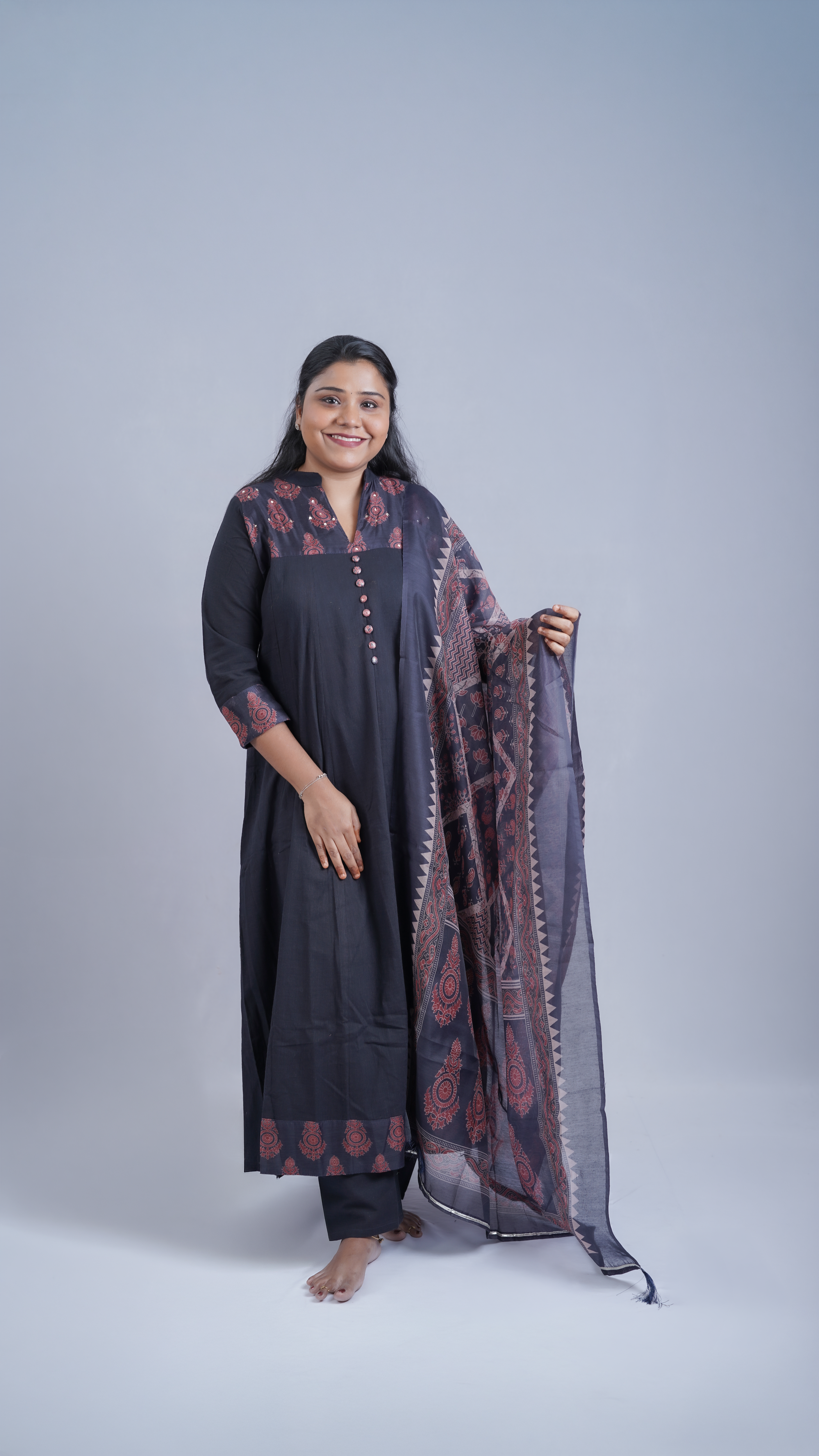Midnight Grace: 3-Piece Ajrakh-Inspired Embroidered Kurta Set with Dupatta