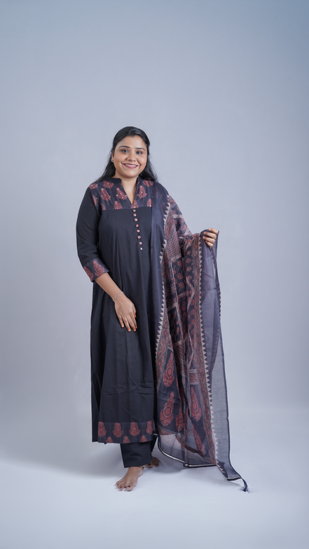 Midnight Grace: 3-Piece Ajrakh-Inspired Embroidered Kurta Set with Dupatta