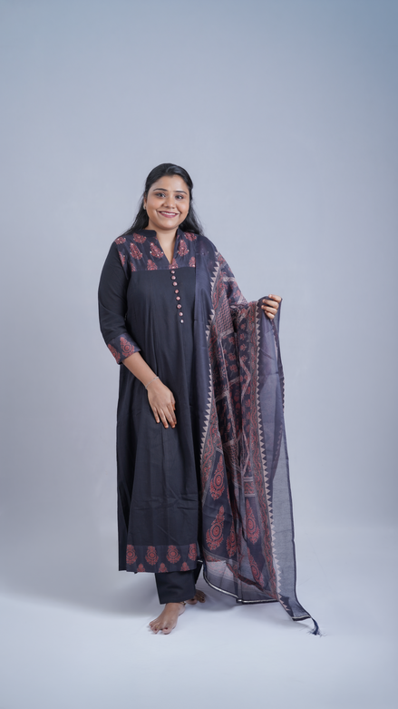 Midnight Grace: 3-Piece Ajrakh-Inspired Embroidered Kurta Set with Dupatta