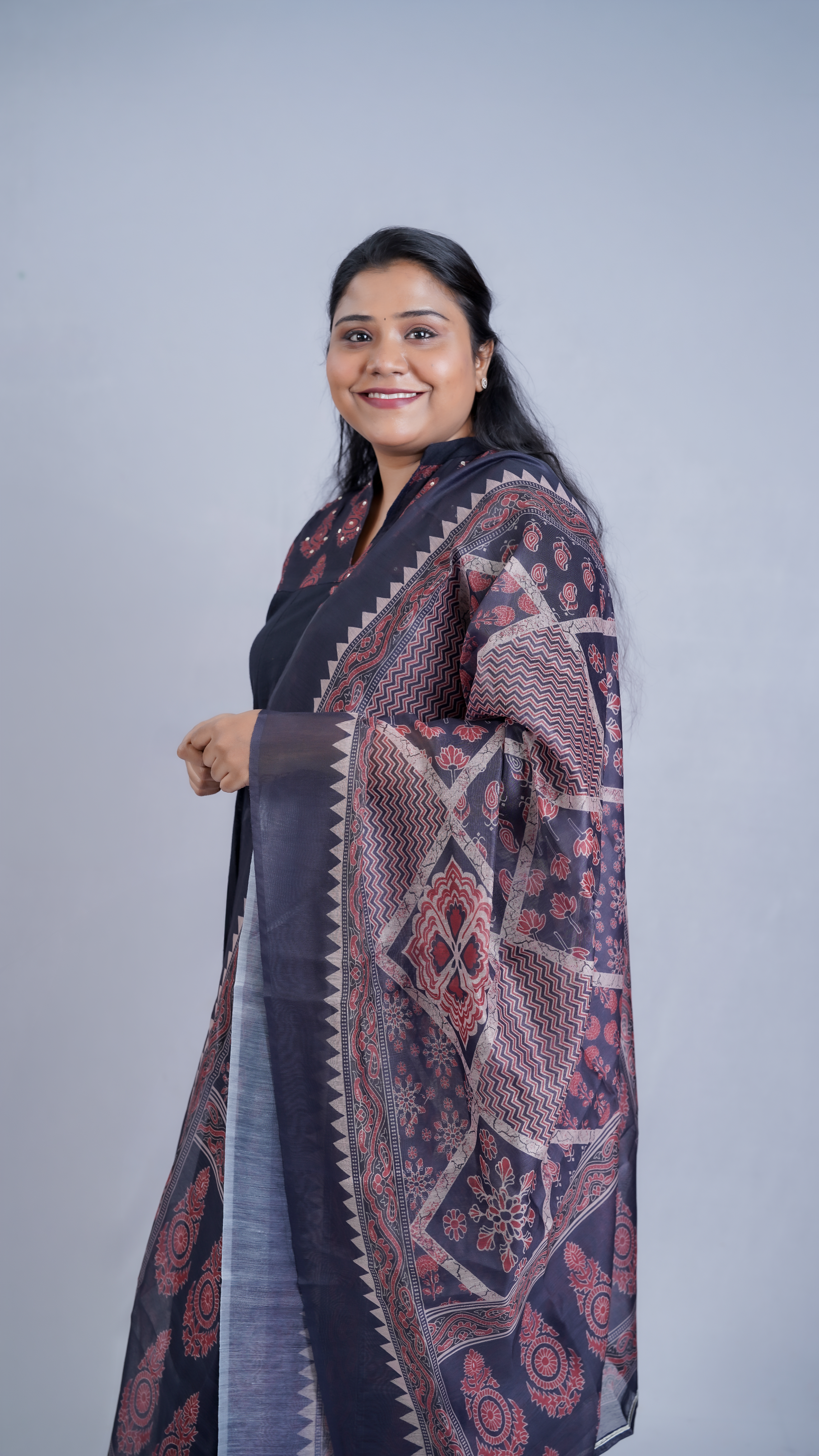 Midnight Grace: 3-Piece Ajrakh-Inspired Embroidered Kurta Set with Dupatta