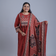 Plum Perfection: 3-Piece Floral Printed Kurta Set with Dupatta & Pockets