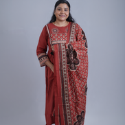 Plum Perfection: 3-Piece Floral Printed Kurta Set with Dupatta & Pockets