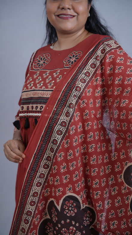 Plum Perfection: 3-Piece Floral Printed Kurta Set with Dupatta &amp; Pockets