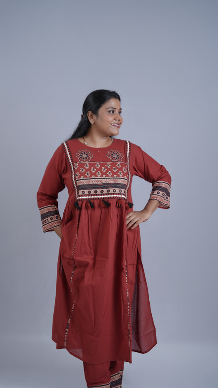 Plum Perfection: 3-Piece Floral Printed Kurta Set with Dupatta &amp; Pockets