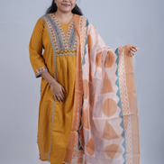 Mustard Bliss: 3-Piece Embroidered A-Line Kurta Set with Contemporary Dupatta