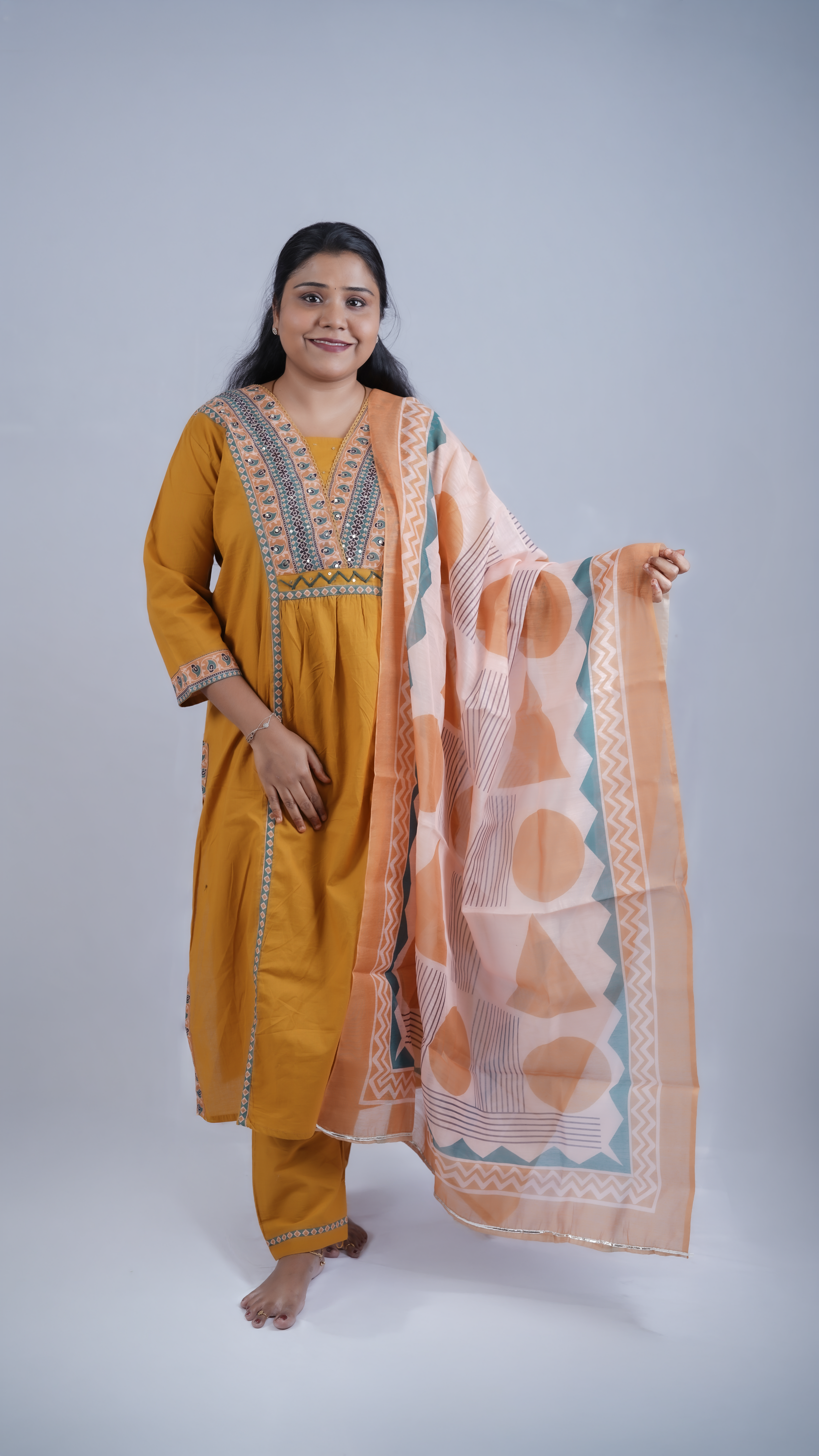 Mustard Bliss: 3-Piece Embroidered A-Line Kurta Set with Contemporary Dupatta