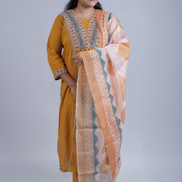 Mustard Bliss: 3-Piece Embroidered A-Line Kurta Set with Contemporary Dupatta