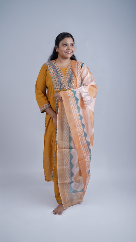 Mustard Bliss: 3-Piece Embroidered A-Line Kurta Set with Contemporary Dupatta