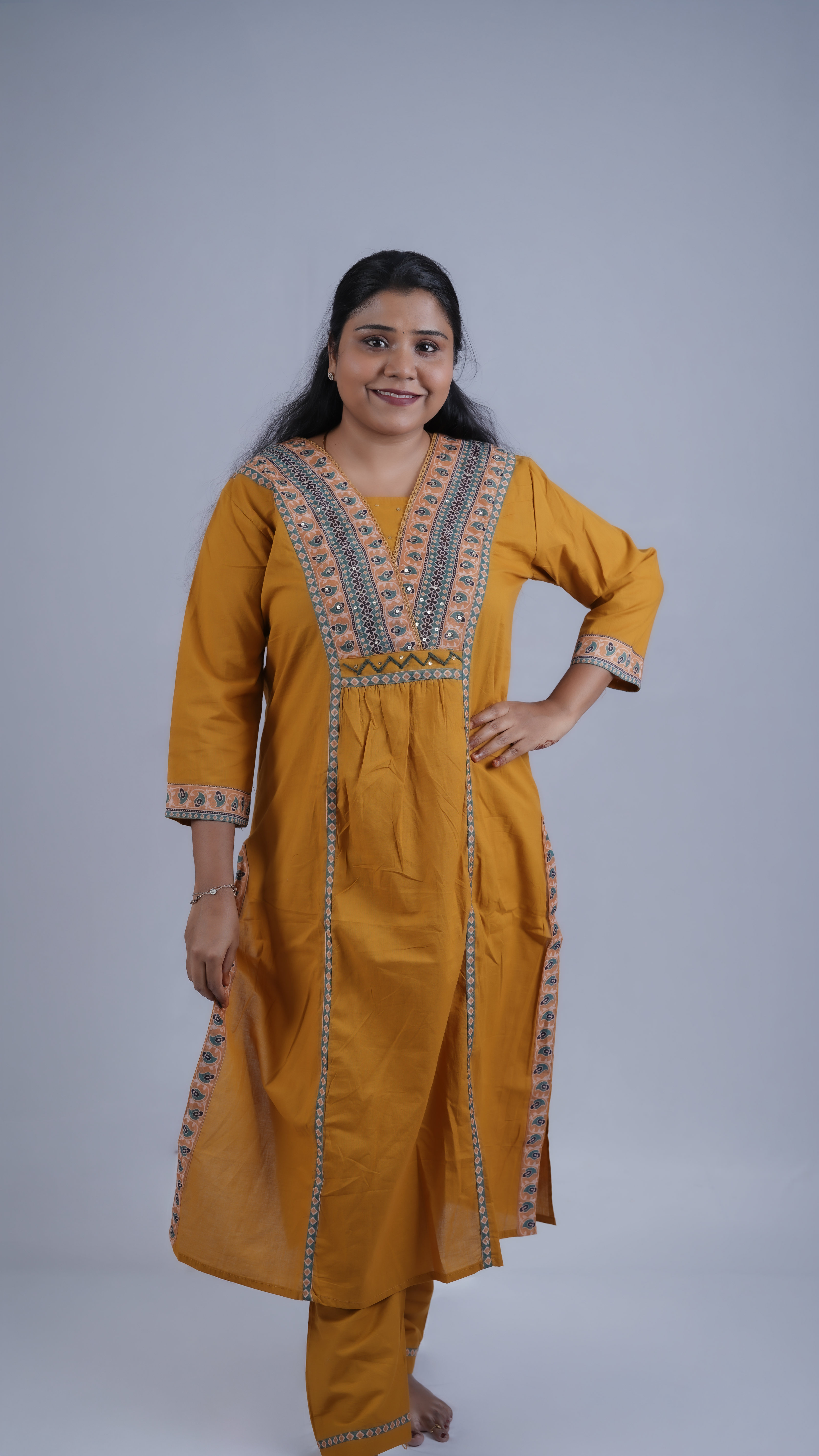 Mustard Bliss: 3-Piece Embroidered A-Line Kurta Set with Contemporary Dupatta