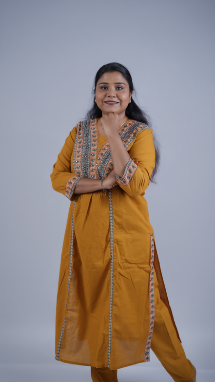 Mustard Bliss: 3-Piece Embroidered A-Line Kurta Set with Contemporary Dupatta
