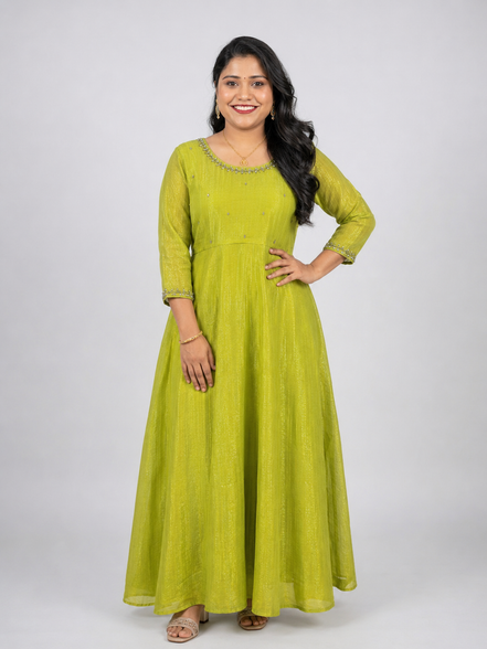 Lime Green Space Silk Umbrella Flare Kurti