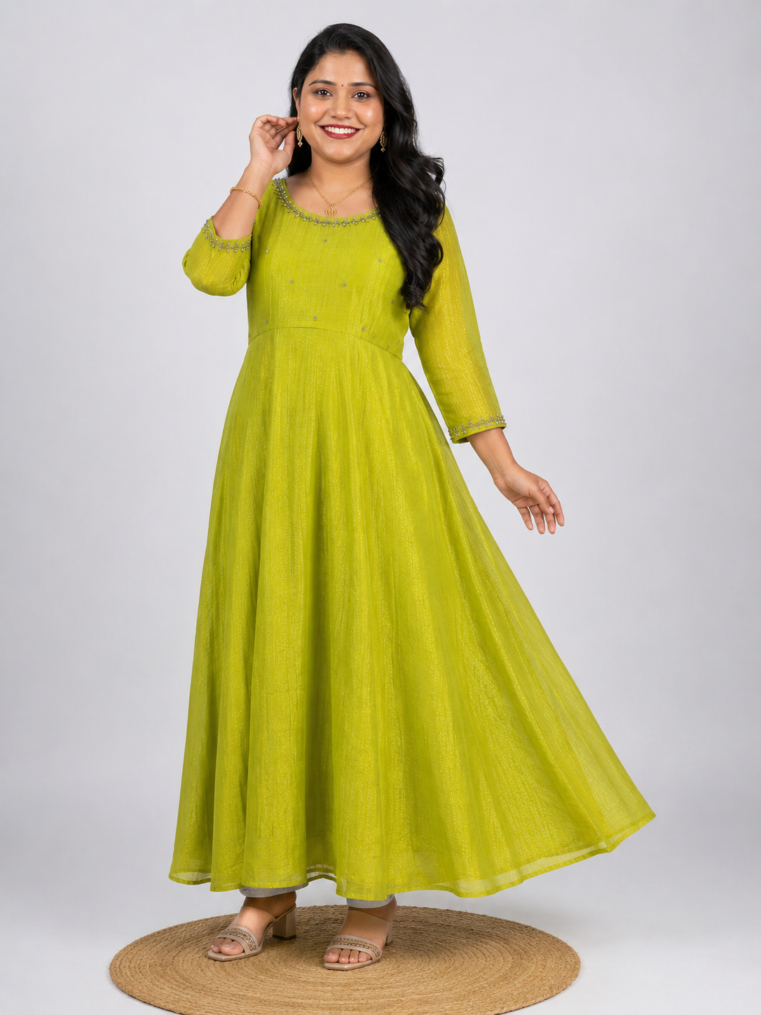 Lime Green Space Silk Umbrella Flare Kurti
