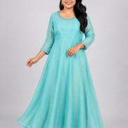 Turquoise Blue Space Silk Umbrella Flare Kurti