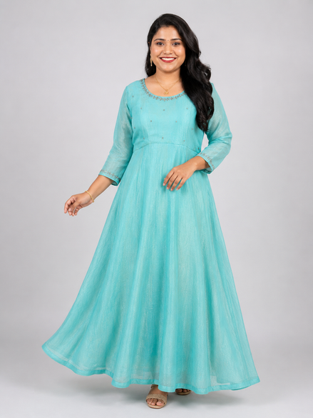 Turquoise Blue Space Silk Umbrella Flare Kurti