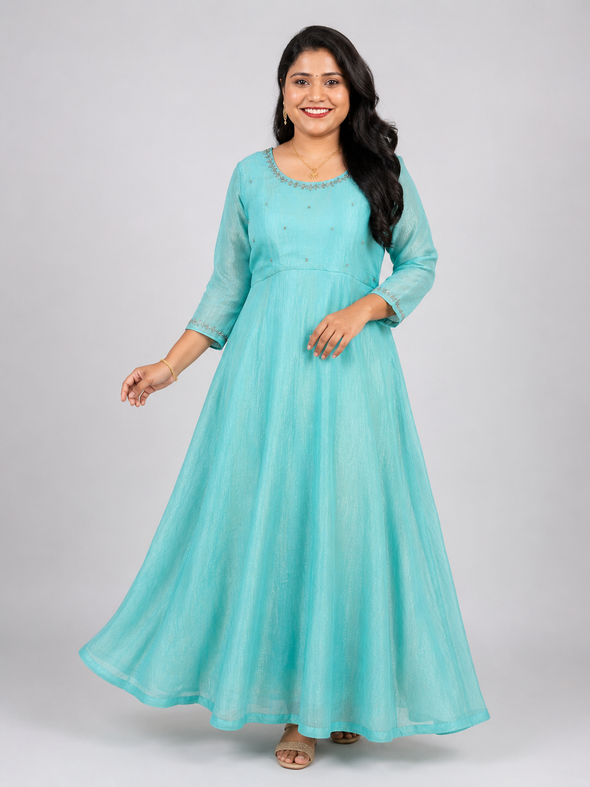 Turquoise Blue Space Silk Umbrella Flare Kurti
