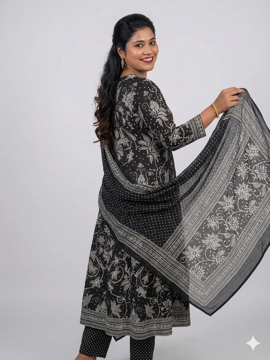 Classic Black & White Kalamkari Print Anarkali Kurta Set