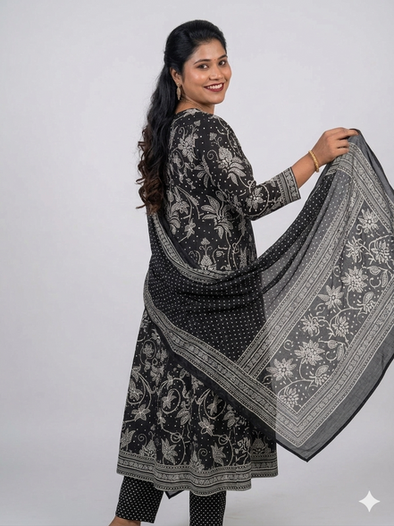 Classic Black & White Kalamkari Print Anarkali Kurta Set