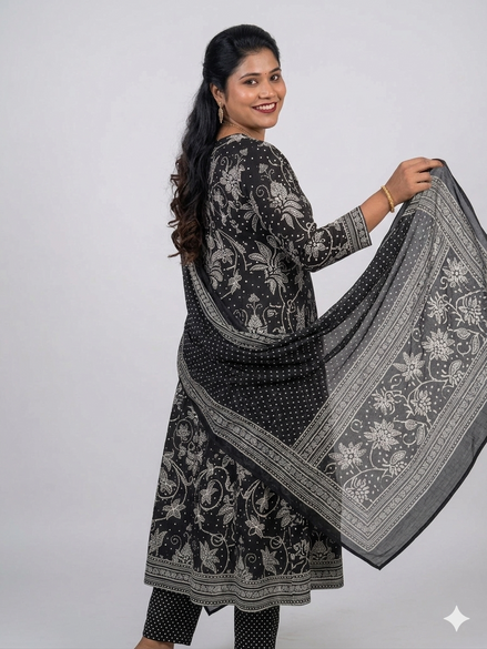Classic Black & White Kalamkari Print Anarkali Kurta Set