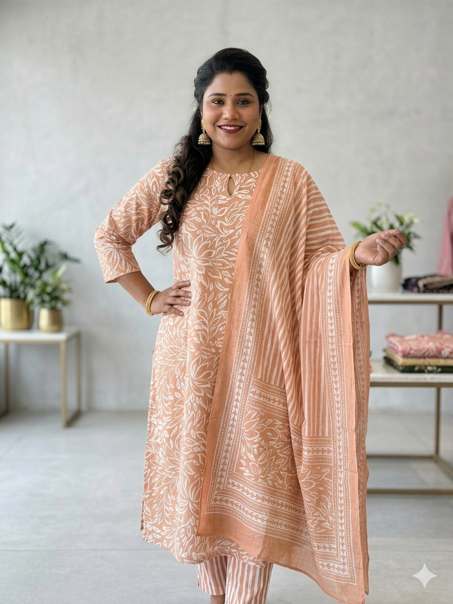 Peach Sorbet Floral Block Print Kurta Set