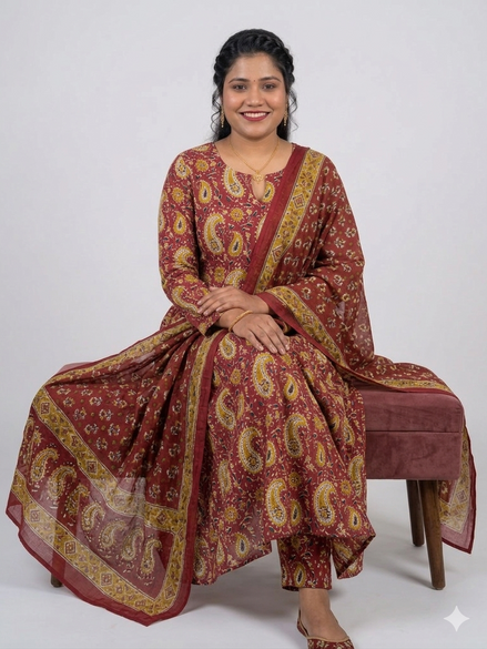 Earthly Maroon &amp; Mustard Paisley Anarkali Kurta Set