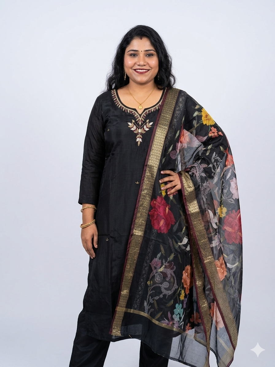 Elegant Black Embroidered Kurta Set with Floral Organza Dupatta