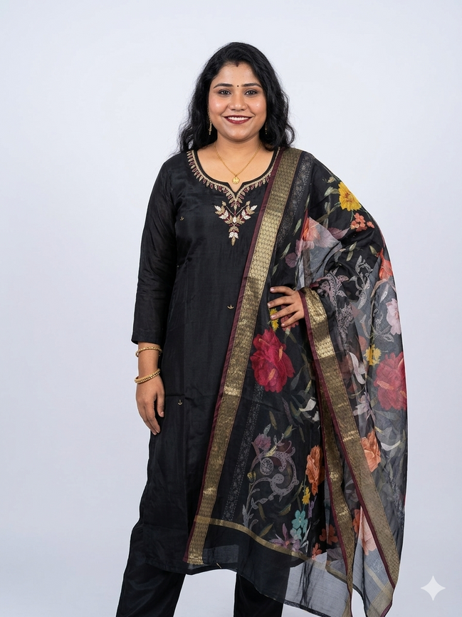 Elegant Black Embroidered Kurta Set with Floral Organza Dupatta