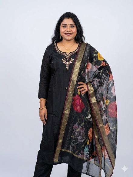 Elegant Black Embroidered Kurta Set with Floral Organza Dupatta