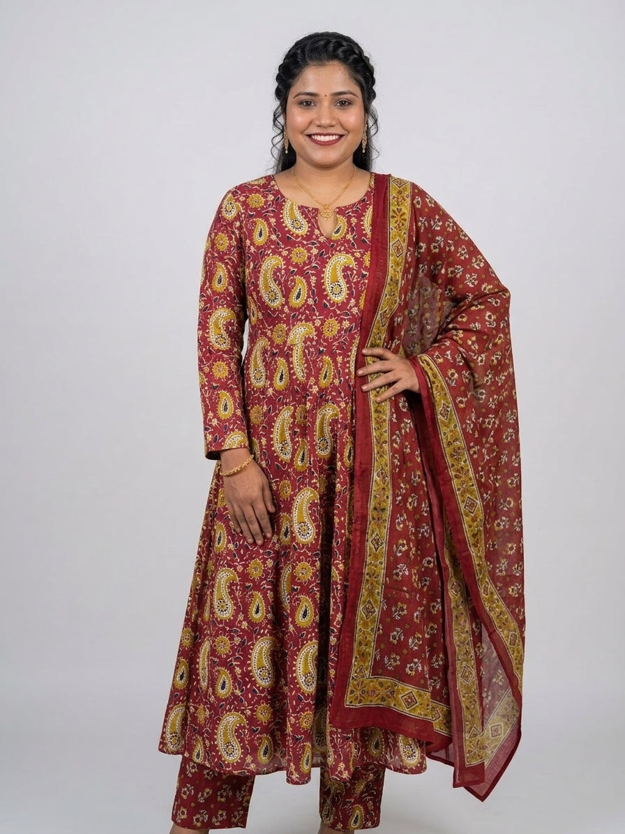 Earthly Maroon & Mustard Paisley Anarkali Kurta Set