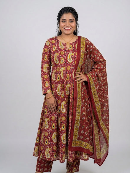 Earthly Maroon &amp; Mustard Paisley Anarkali Kurta Set