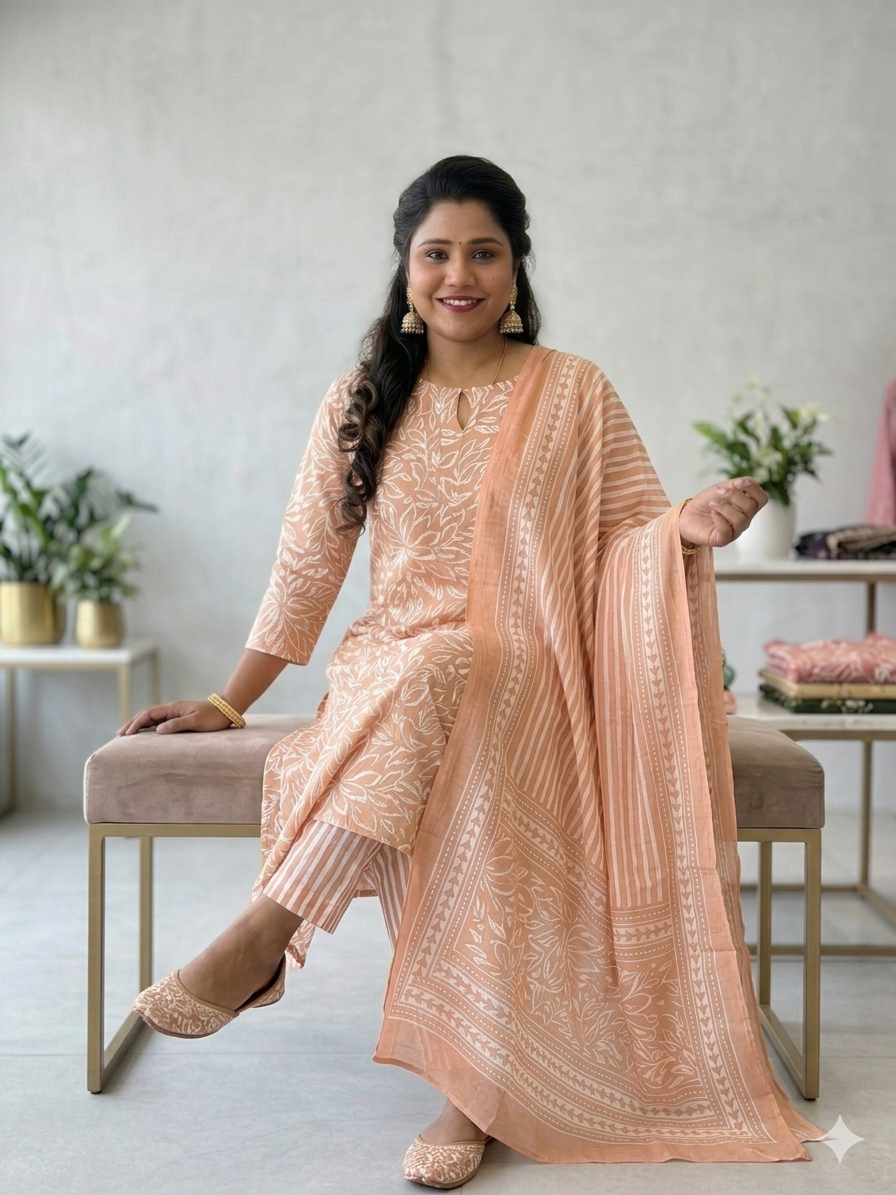 Peach Sorbet Floral Block Print Kurta Set