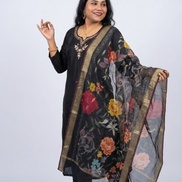 Elegant Black Embroidered Kurta Set with Floral Organza Dupatta