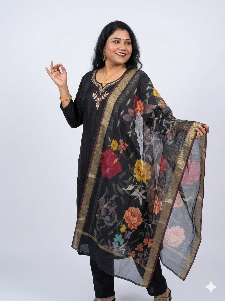 Elegant Black Embroidered Kurta Set with Floral Organza Dupatta