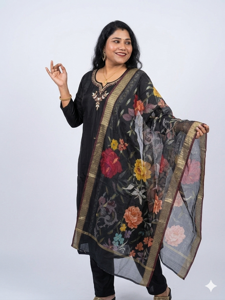 Elegant Black Embroidered Kurta Set with Floral Organza Dupatta