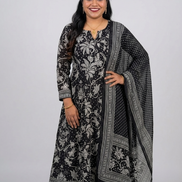 Classic Black & White Kalamkari Print Anarkali Kurta Set