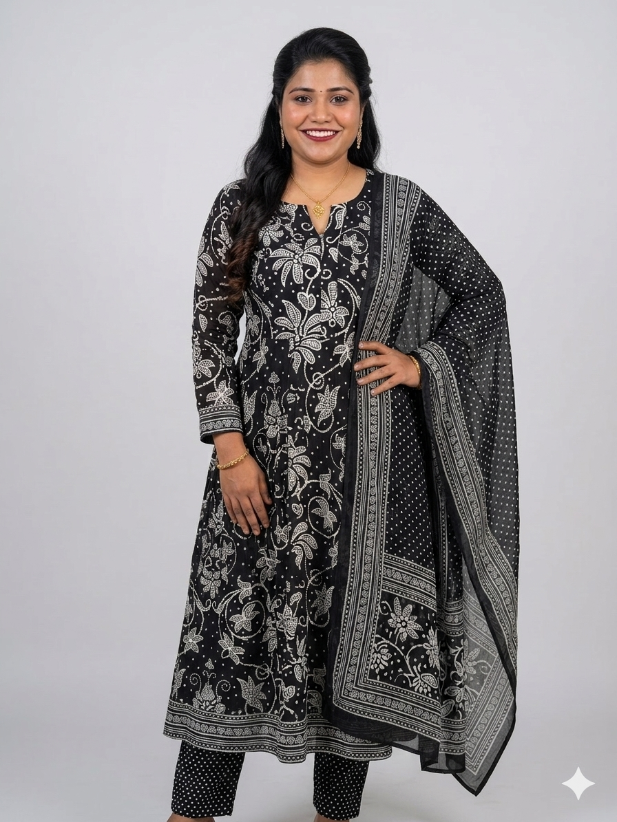 Classic Black & White Kalamkari Print Anarkali Kurta Set