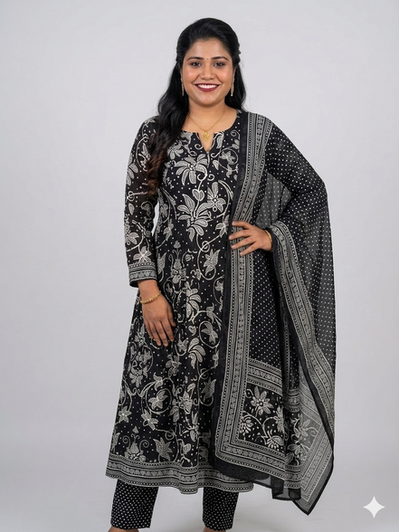 Classic Black & White Kalamkari Print Anarkali Kurta Set