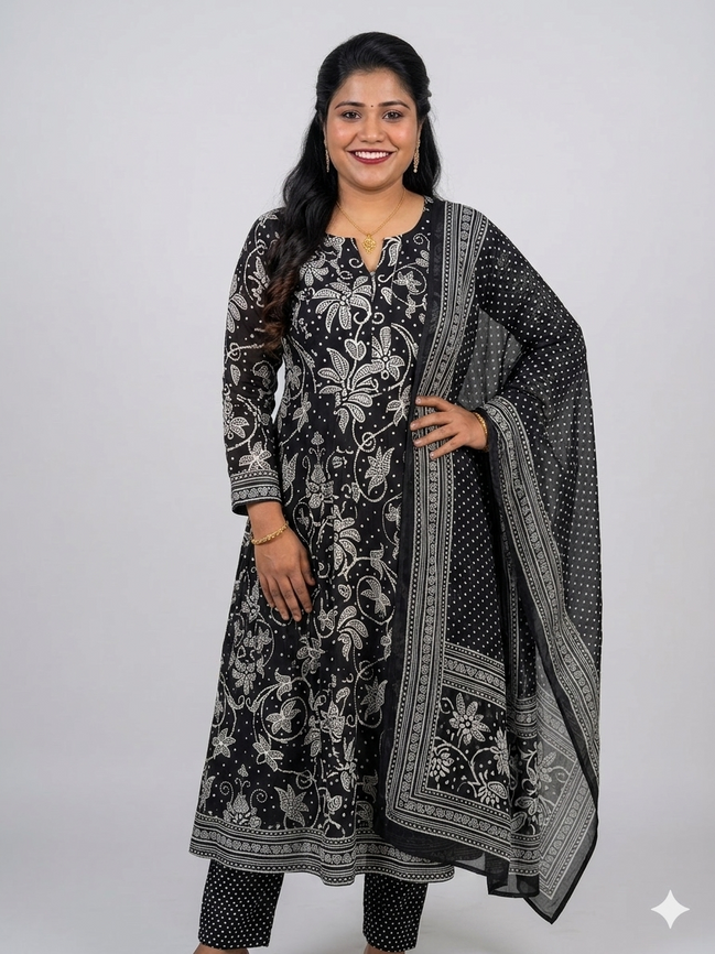 Classic Black & White Kalamkari Print Anarkali Kurta Set