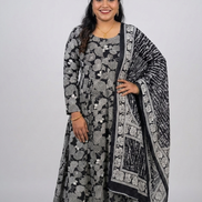Charcoal & Ivory Block Print Flared Anarkali Set