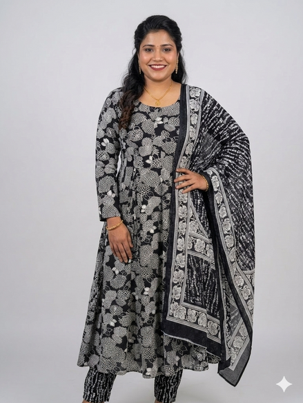 Charcoal & Ivory Block Print Flared Anarkali Set
